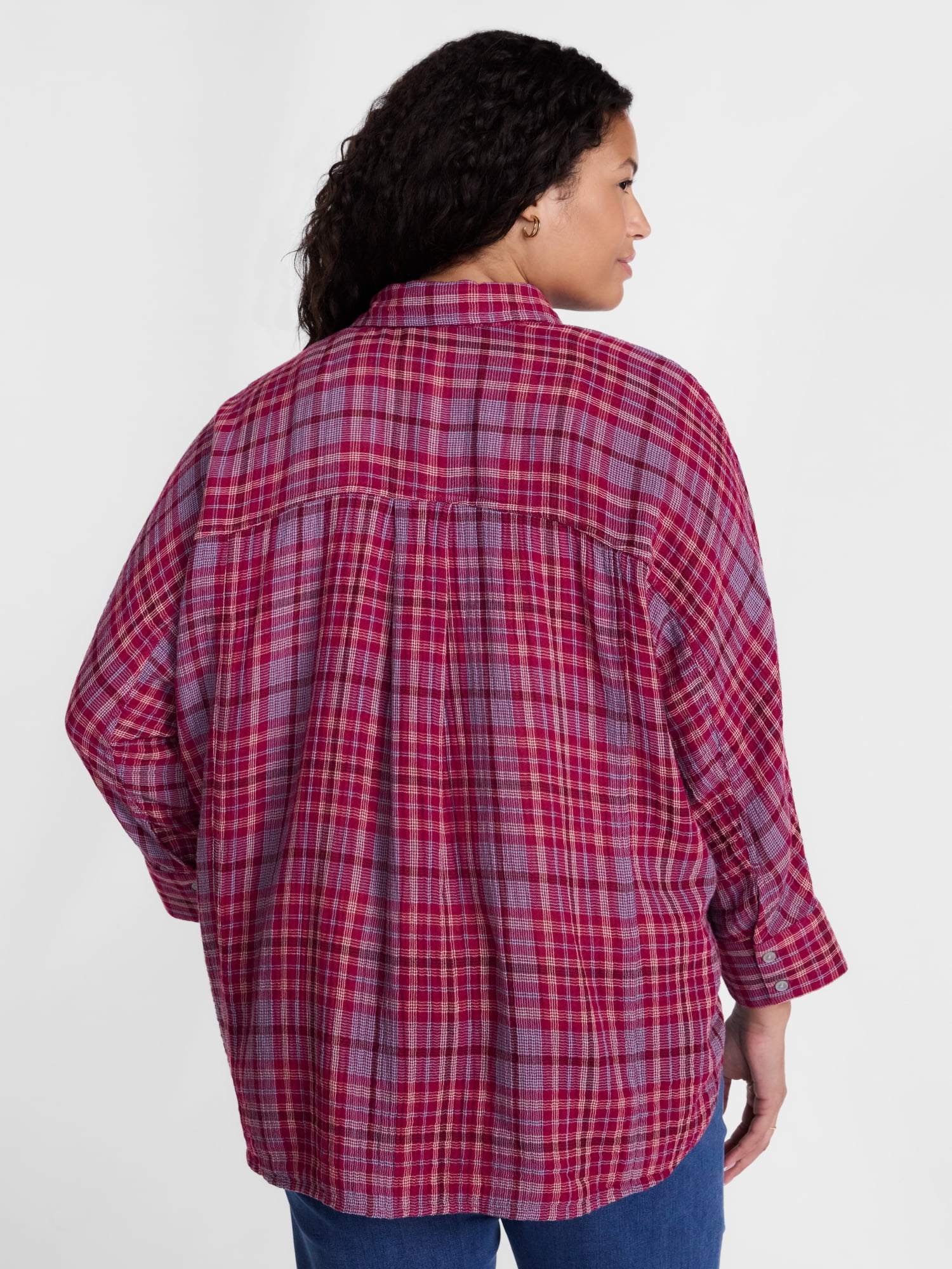 Terra & Sky Women's Plus Button Front Woven Shirt with Long Sleeves, Sizes 0X- 5X