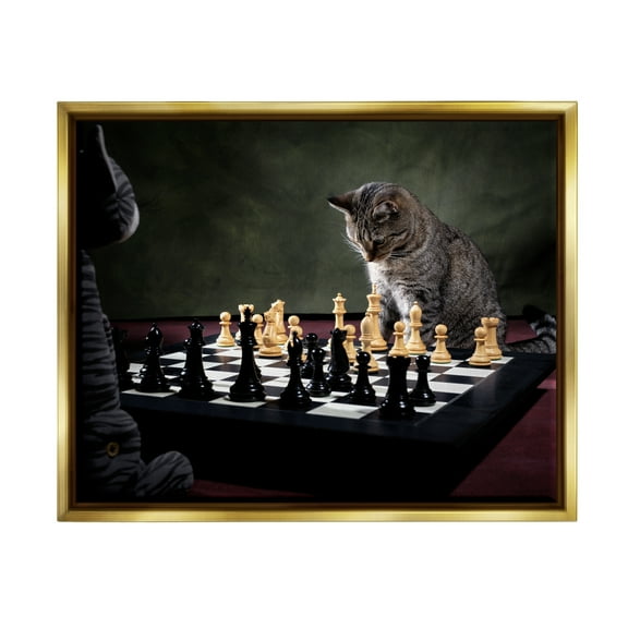 Stupell Industries Cats Playing Chess Animals & Insects Photography Gold Floater Framed Canvas Art Print Wall Art, 31 x 25