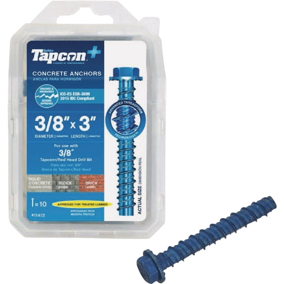 Tapcon 3/8 in. Dia. x 3 in. L Steel Hex Head Concrete Screw Anchor 10 pk — Construction & DIY Use, Standard Hardware Spec
