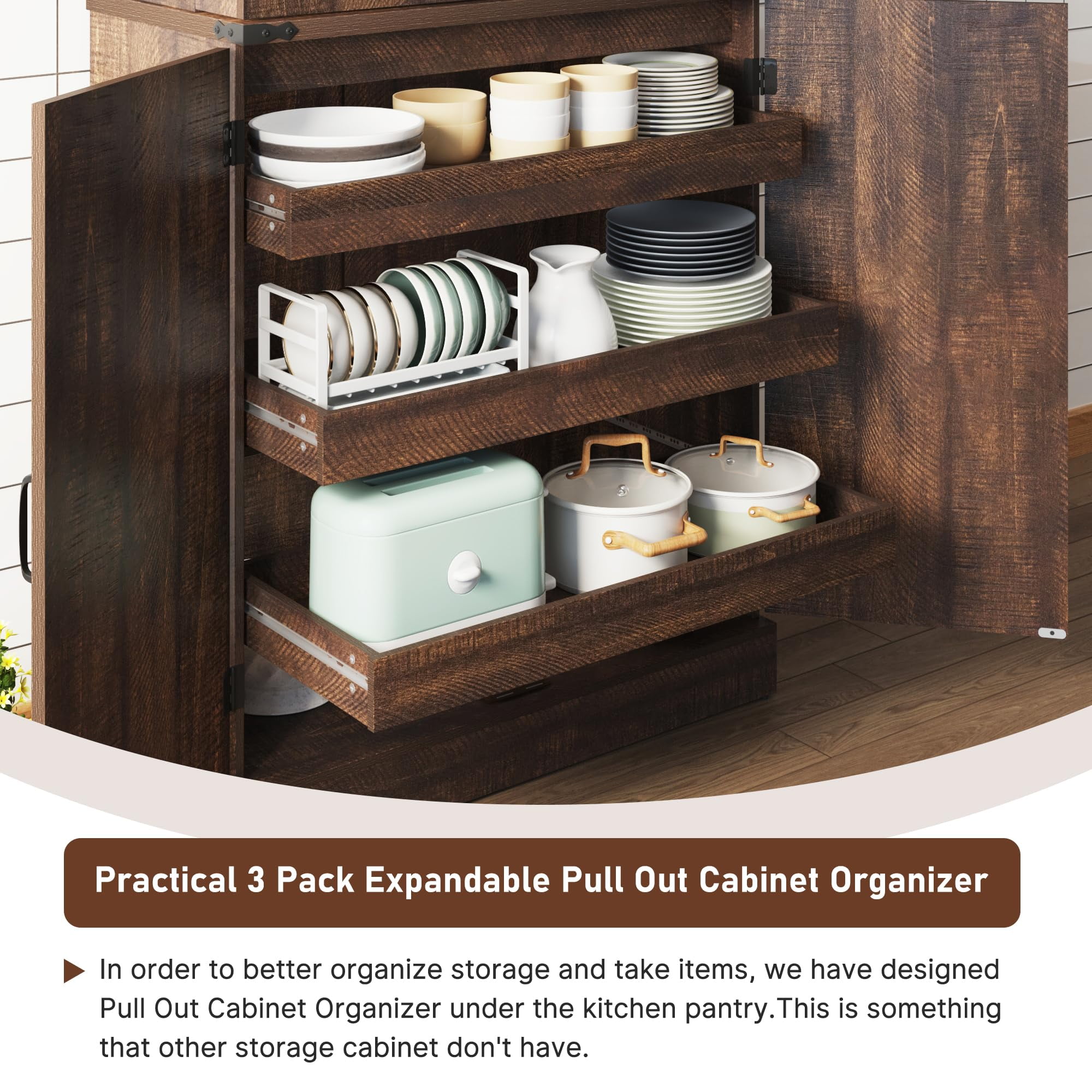 ChVans Farmhouse 71" Tall Kitchen Pantry with 6 Hanging Shelves, 4 Barn Doors Pantry Storage Cabinet with 3 Drawers & Load-Bearing Steel Pipe for Kitchen, Dining Room, Living Room, Rustic Brown