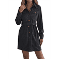 thumbnail image 1 of Robe Chemise Courte à Col en V pour Femme, Boutonnée, Plissée, à Manches Longues, avec Ceinture, 1 of 10