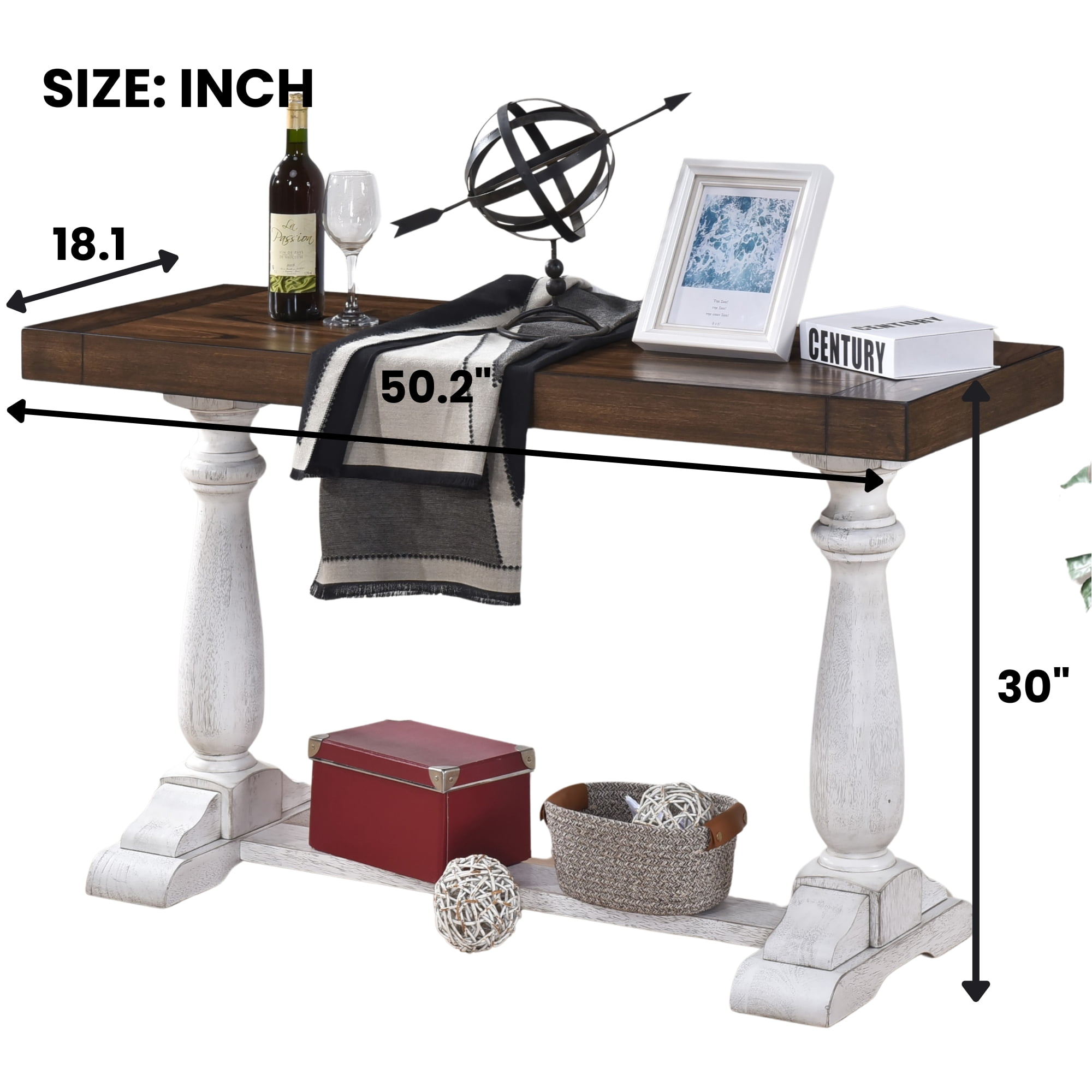 Lisonu Farmhouse Console Table with Storage Shelf, 50.2 Inch Solid Wood Sofa Table with Pedestal Legs, Entryway Table for Living Room, Antique White & Dark Oak