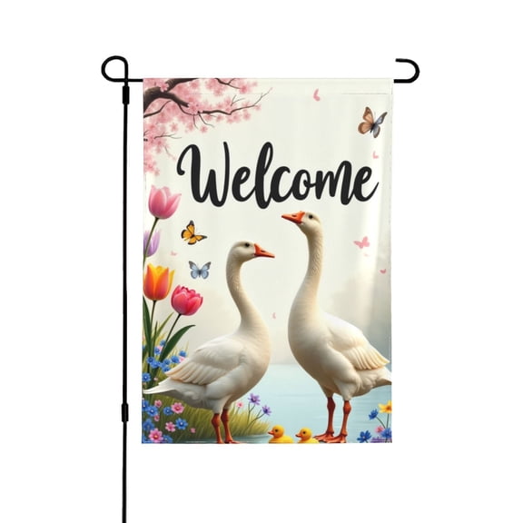 Welcome Spring Garden Flag Double Sided Geese & Tulips Design, 12x18 Inch, Outdoor Yard Decor, Farmhouse Style, Seasonal Decoration, Butterfly & Flower Theme