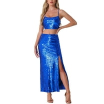 INSPIRE CHIC 2 Pieces Outfits for Women's Sequin Spaghetti Straps Cropped Top High Waist Split Maxi Skirt Set