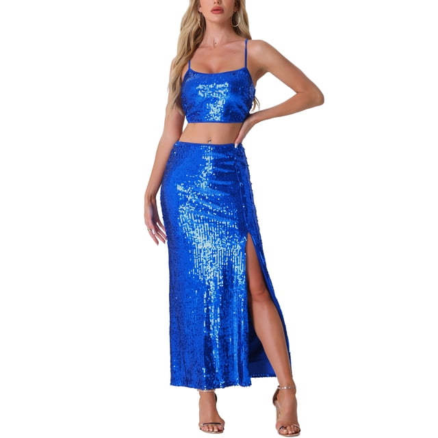 INSPIRAR CHIC Conjuntos de 2 Piezas para Mujeres Top Corto de Tirantes de Lentejuelas y Falda Maxi de Cintura Alta con Corte M Color Azul Real