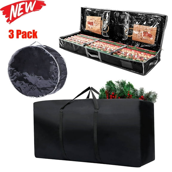 KOYPTL 3 Pack Large Christmas Tree Storage Bag Set Fits Up to 6 Ft Diassembled Trees Christmas Wreath Garland Storage Bag Xmas Wrapping Paper Storage Bag Durable Waterproof with Handles and Zipper