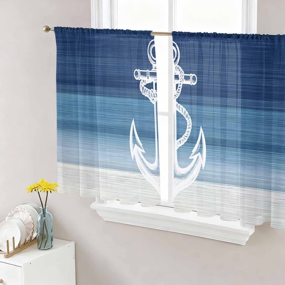 Nautical Anchor Navy Blue Semi Sheer Curtains 45 Inch Length 2 Panels Set, Coastal Ocean Ombre Striped Sheer Kitchen Curtain Privacy Voile Window Curtain for Living Room Bedroom Rod Pocket Drapes