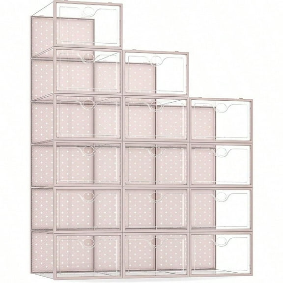 Pinkpum 15 Pack X-Large Shoe Storage Boxes Shoe Organizer for Closet Clear Plastic Stackable Shoe Dispaly Case Bins Holder Sneaker Storage for Sneakerheads Pink