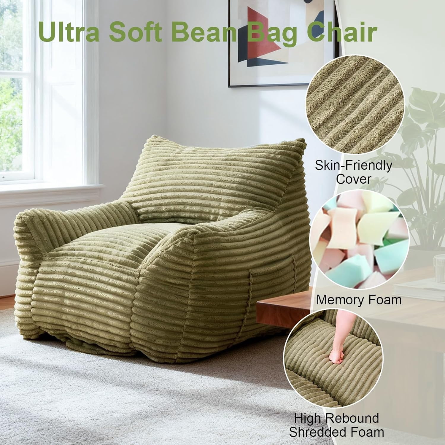 Ywen Bean Bag Chair for Adults & Kids, Giant Bean Bag Sofa with Side Pocket, Corduroy Beanbag Chair with Armrests, Comfy Stuffed Floor Sofa for Living Room Bedroom Dorm, Green
