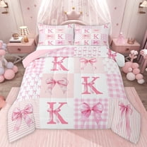 Castle Fairy Bow Letter Monogrammed K Twin Comforter Sets,Cute Bow-Tie Plaid Bedding Set