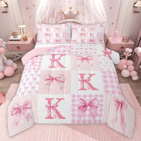 Castle Fairy Bow Letter Monogrammed K Twin Comforter Sets,Cute Bow-Tie Plaid Bedding Set
