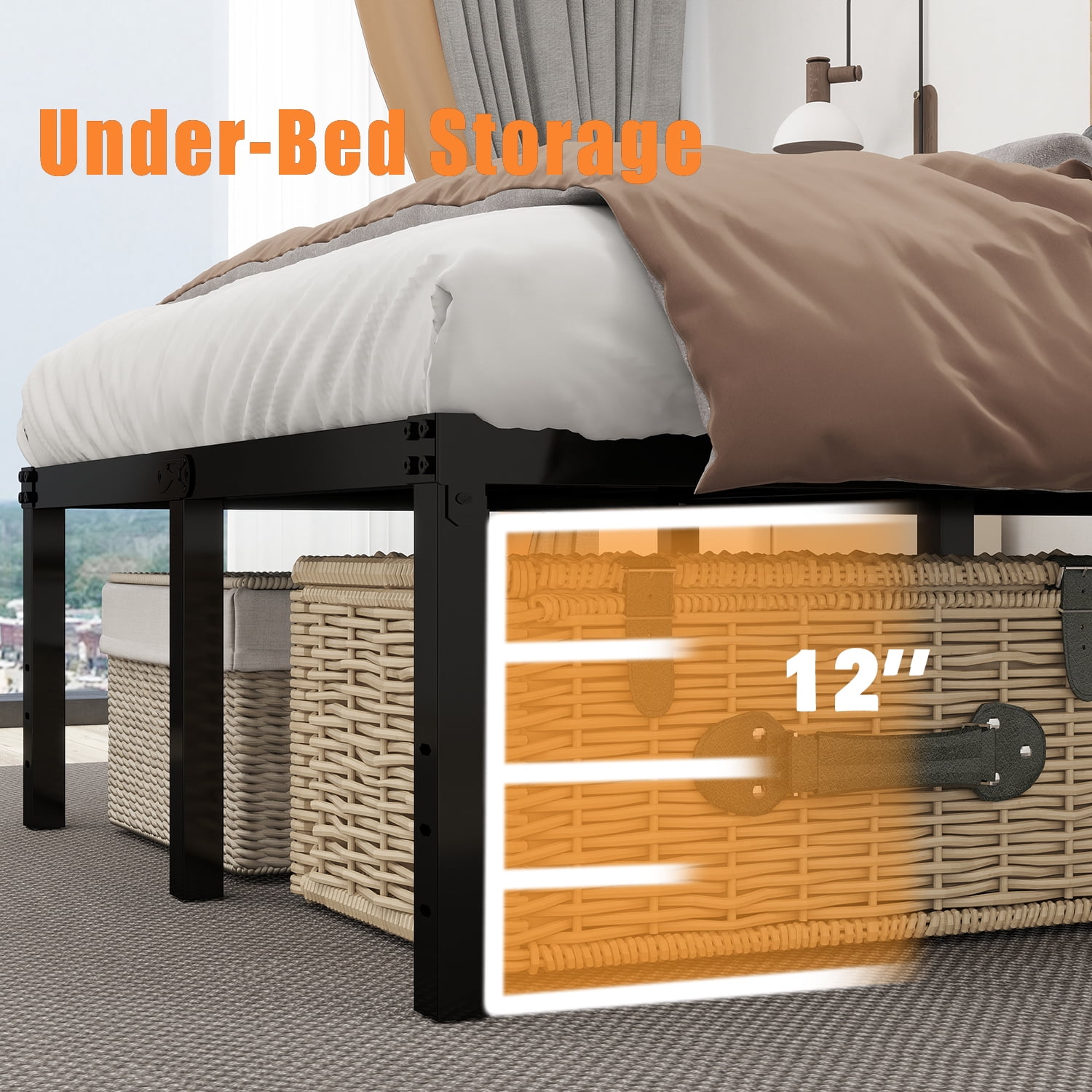 Twin Bed Frames 14 Inch Twin Platform Bed Frame with Large Storage Space,Black Bed Frame Twin Size Heavy Duty Metal Mattress Foundation,Corner Bed