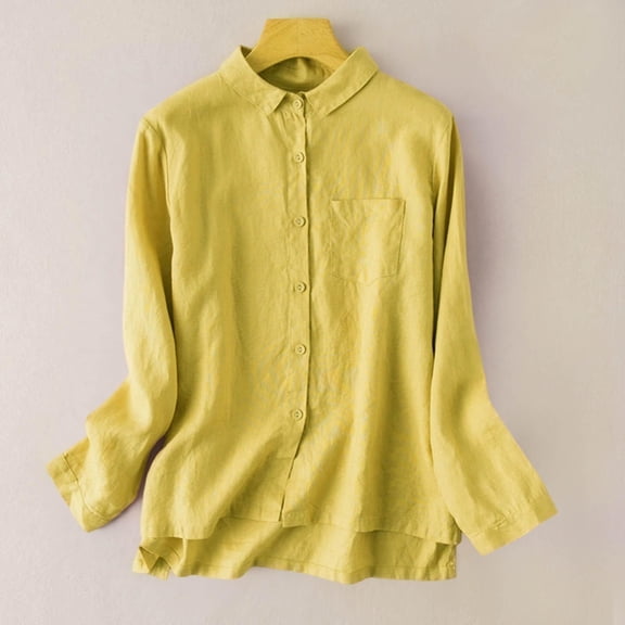 Asgosdo Women Tops Cotton Linen Long Sleeve Collared Button Down Solid Color Shirts Comfy Soft Clothes
