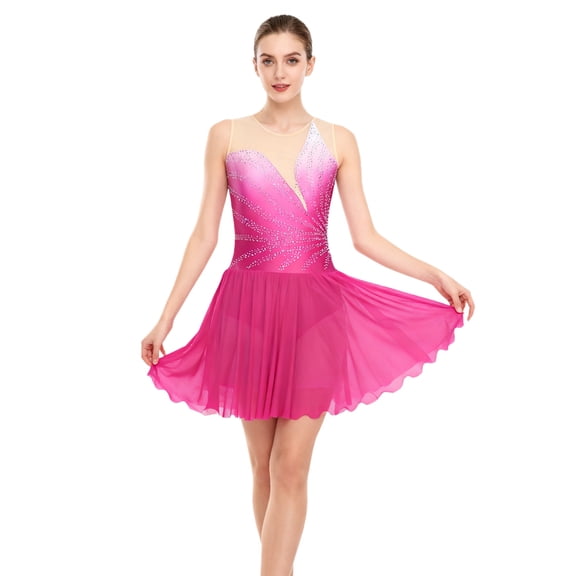 Xnihocha Womens Ice Skating Dress Rhinestone Mesh Sleeveless Dresses Ballet Lyrical Dance Dress Hot Pink XL
