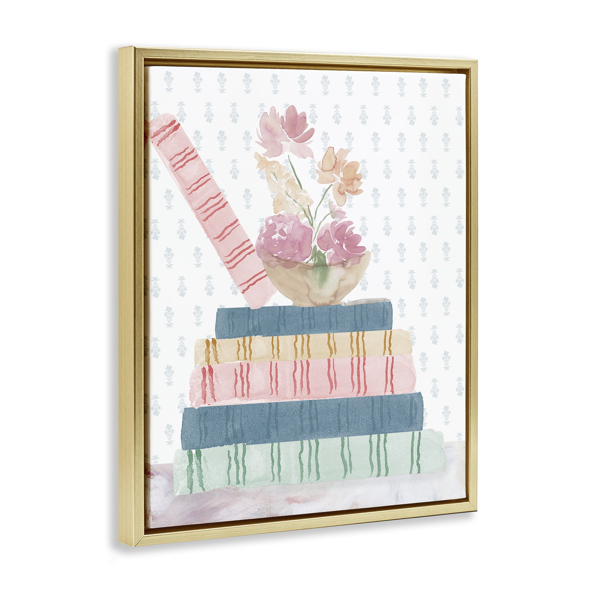 Stupell Industries Pastel Flowers And Books Gold Framed Floater Canvas Wall Art, design by Lucille Price