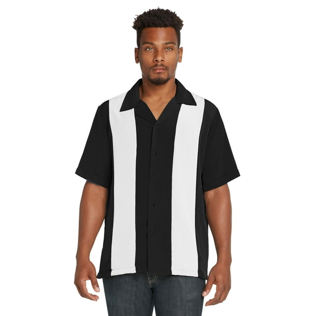 9 Crowns Men's Retro Bowling Bahama Camp ButtonDown Shirt (Black/White