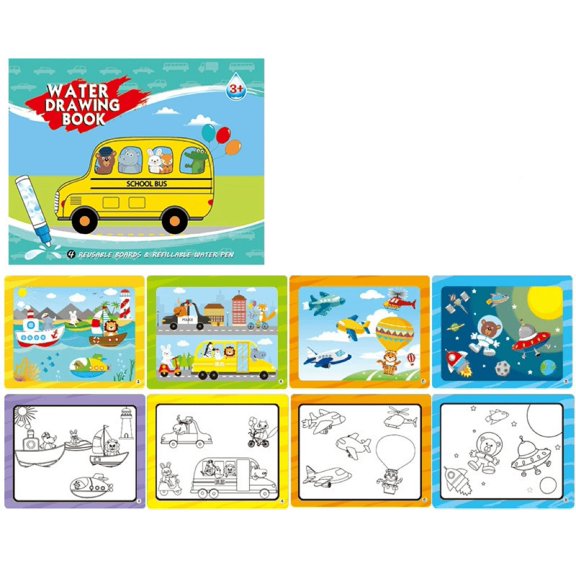 Xihbxyly Juego de Agua Reutilizable, Páginas de Grafiti de Doble Cara, Diversión Educativa Colorida, Bolígrafo de Agua Recargable Incluido, Juego Creativo para Niños de 3 a 6 Años, 4 Páginas En Blanc