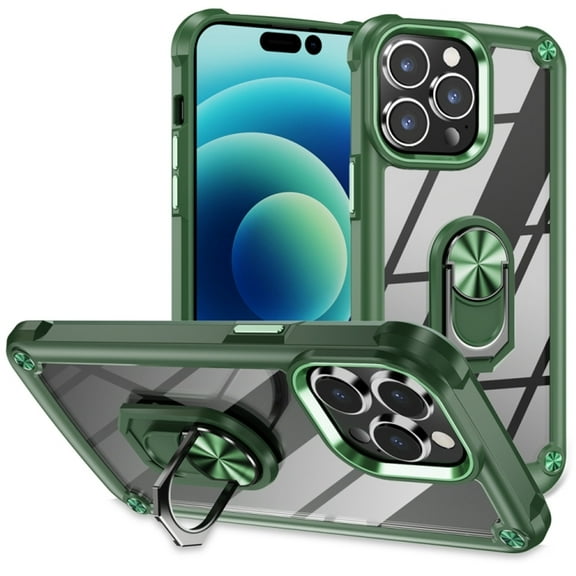 Tough Shield Snap-on Transparent Case with Ring Grip for iPhone 15 Pro Max - Green
