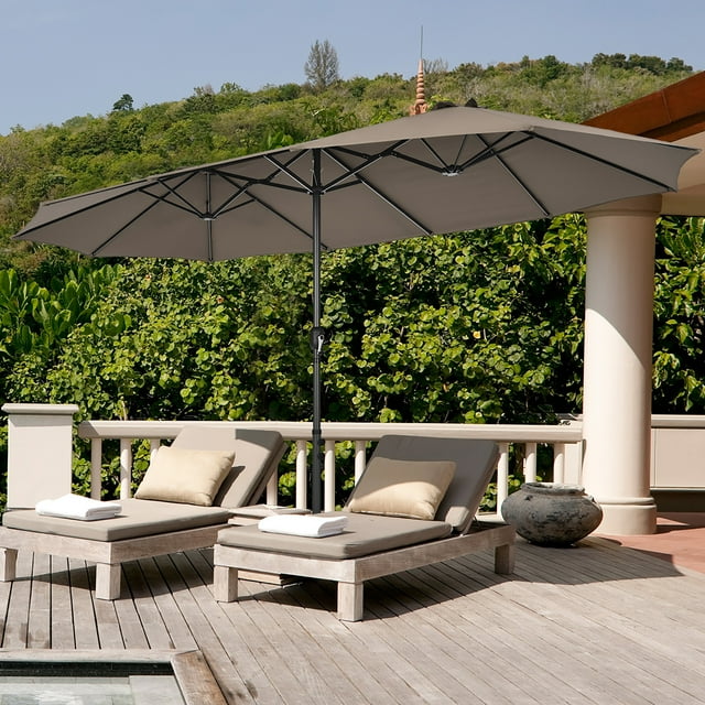 Costway Parasol de Patio Double Face Jumeau 15 Pieds Pare-Soleil Extérieur à Manivelle de Marché Base Café