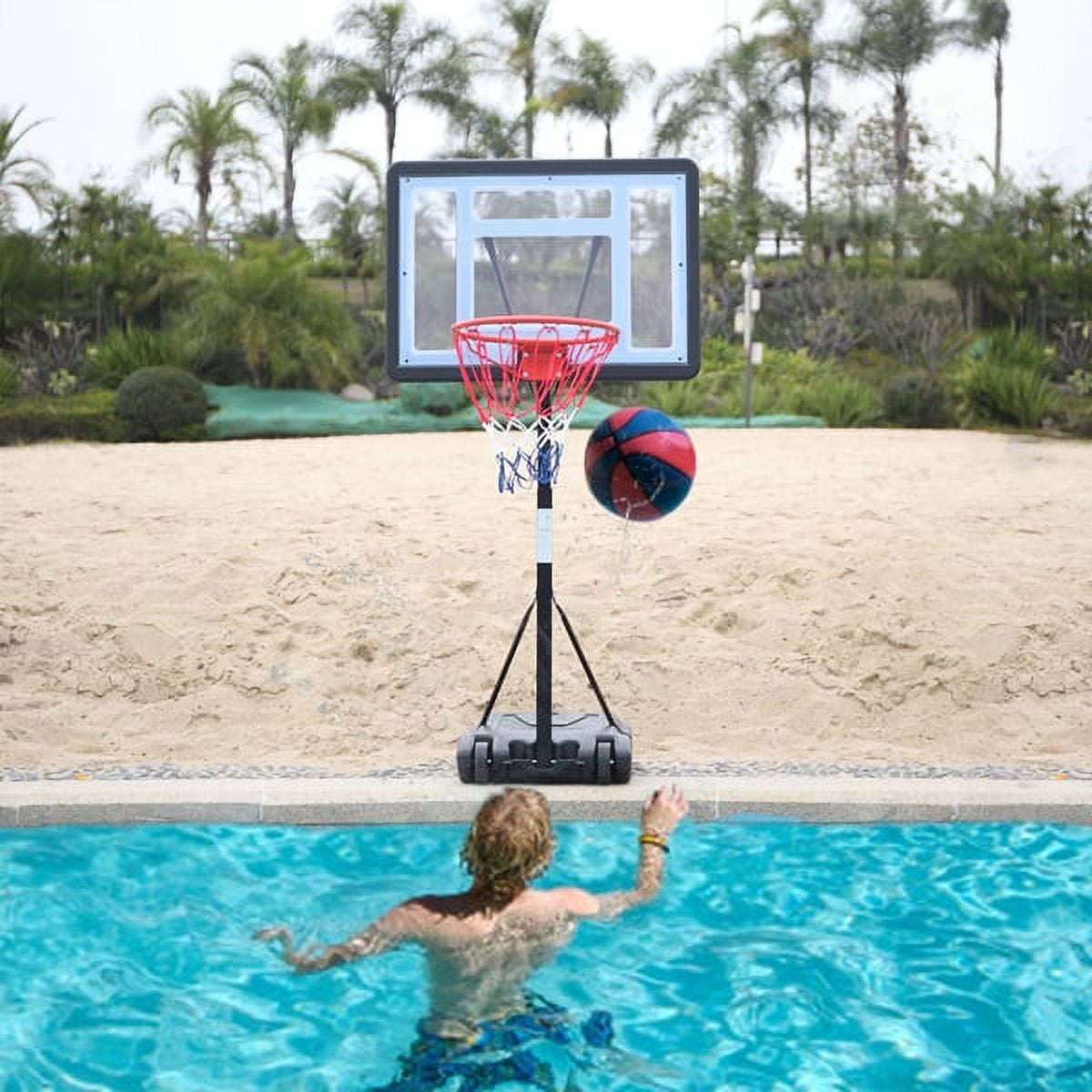 Portable mobile swimming pool PVC transparent backboard basketball stand (basket height adjustment 1.15m-1.35m), can accommodate up to 7 balls, solid base, good stability, easy to assemble