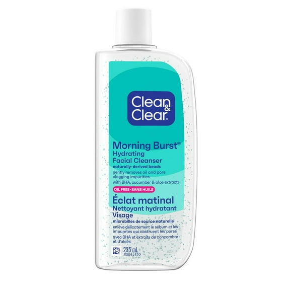 Le nettoyant hydratant pour le visage Clean & Clear Morning Burst avec BHA, extraits de concombre et d’aloès et sans huile enlève délicatement le sébum et les impuretés qui obstruent les pores 235 ml