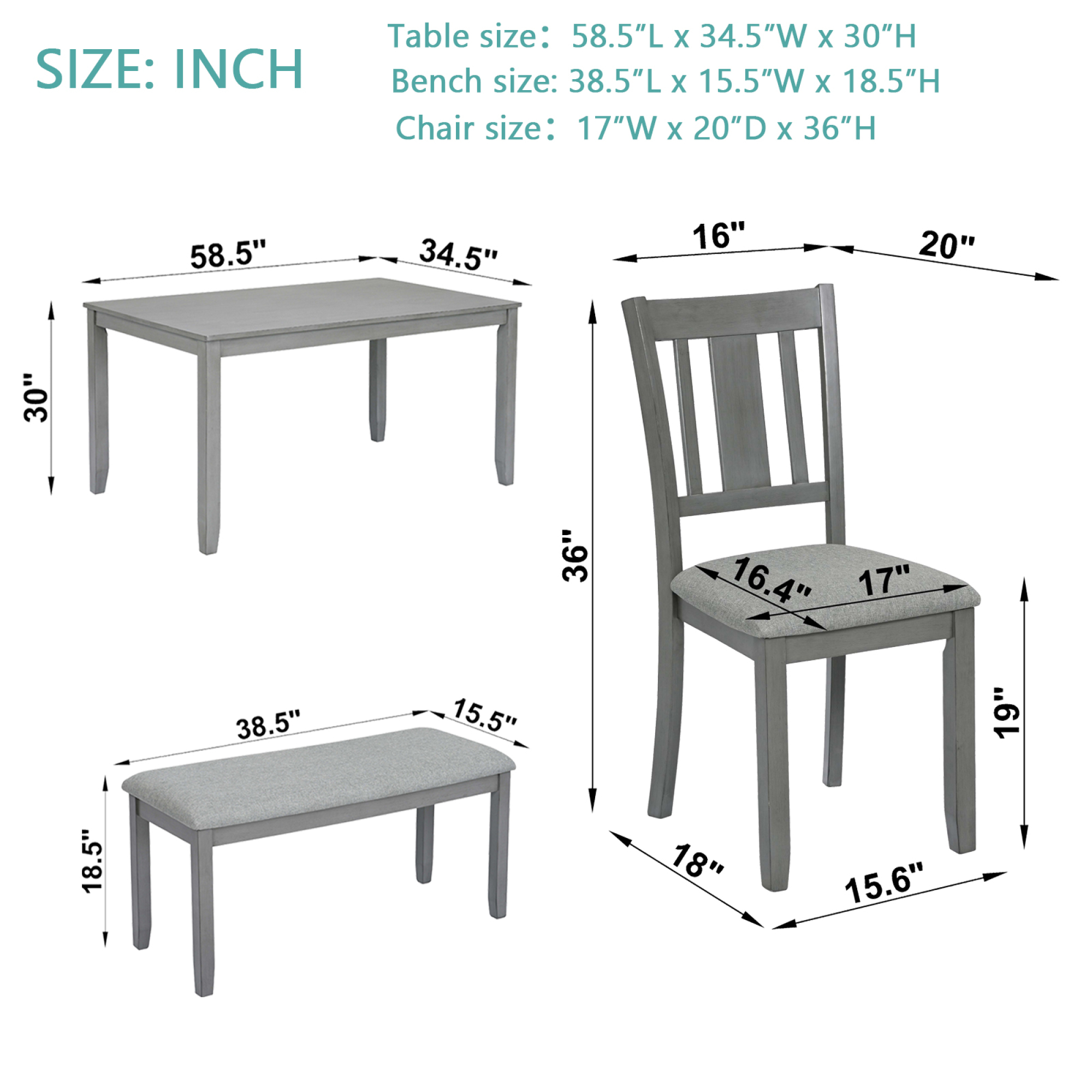 Leumius 6 Piece Kitchen Dining Set,Wood Rectangular Kitchen Table with 4 Upholstered Chairs and a Bench,Dining Table Set for 6 People,Kitchen Dining Table Set for Living Room, Home Bar and Kitchen
