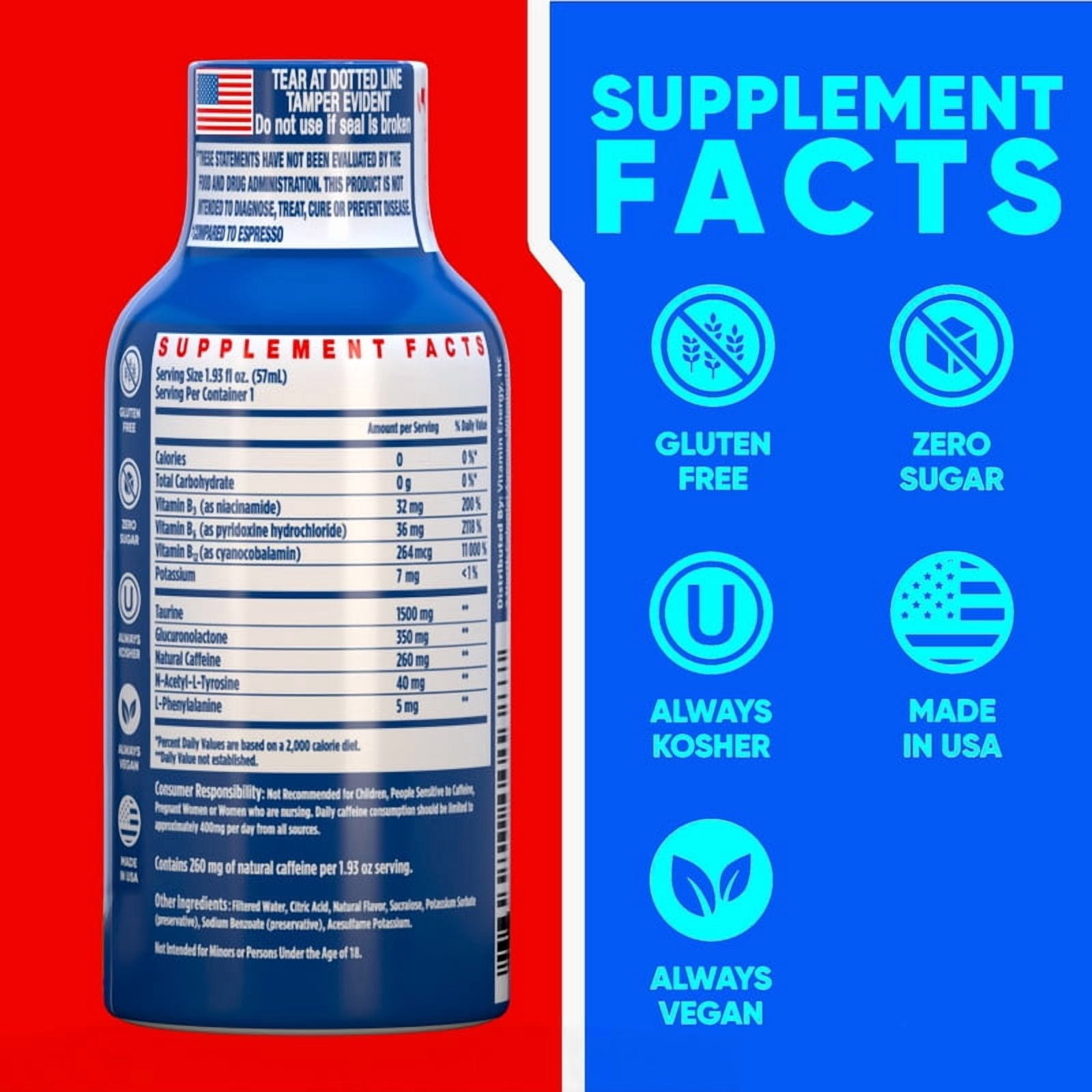 Vitamin Energy B12 Extra Strength Shot, Açaí Pomegranate, 24 Pack – 260mg Natural Caffeine, 11,000% DV B12 & B6, Zero Sugar, 1.93 fl oz
