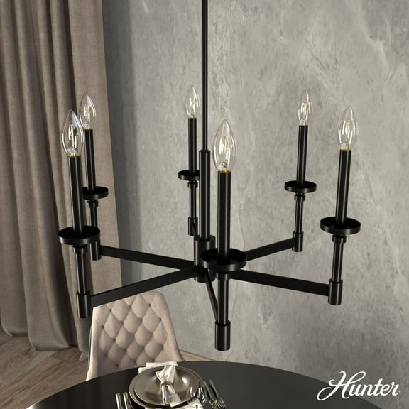 Hunter - Briargrove 6-light Matte Black, Large Chandelier, Dimmable, Formal Style, Candle Shaped, for Bedrooms, Dining, Living Rooms - 19700