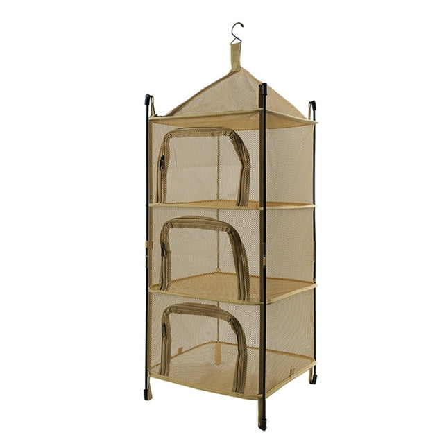 Camel Foldable 4-Layer Mesh Drying Rack with Carry Bag - Heavy-Duty Double Zipper Food/Plant Dryer for Outdoor Camping, Barbecue & Indoor Kitchen/Patio Use, Collapsible Storage Basket for Fruits,