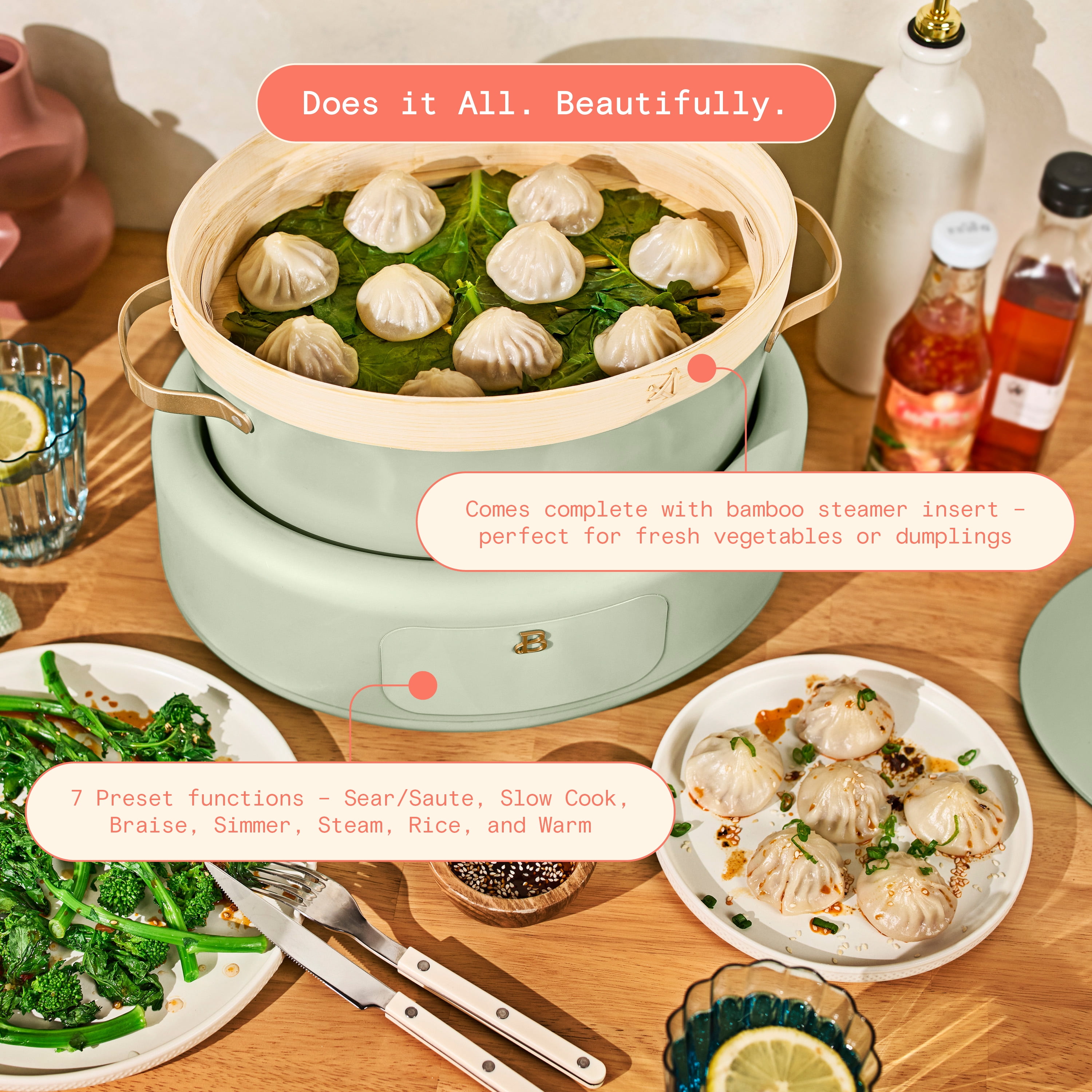Beautiful 10-in-1, 8 Qt Multi-Cooker with Bamboo Steamer Insert by Drew Barrymore, Sage Green
