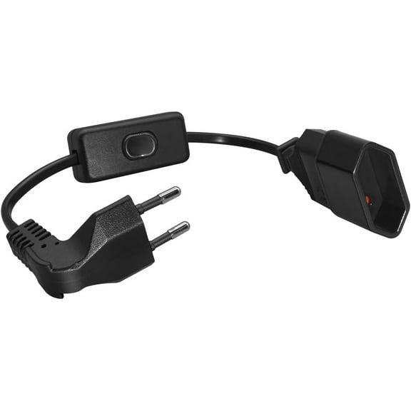 2-Pin EU Power Extension Cable Cord with Switch, Toptekis European EU 2-Prong Power Cord Cable VDE Bend Angle 90 Degree Male to Female Power Extension Cord Cable (Elbow, Black, 1ft/0.3m)