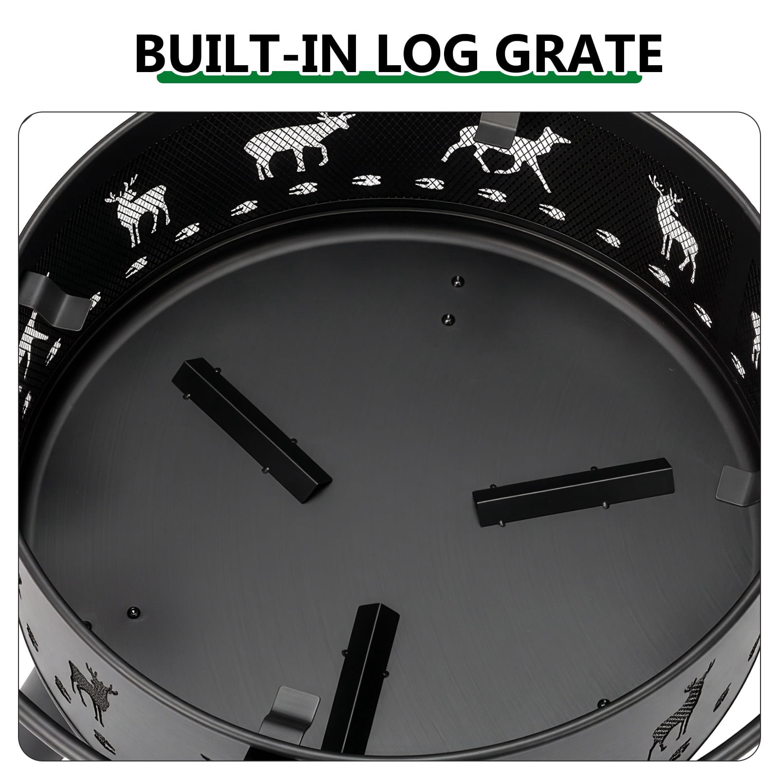 30 Inch Round Outdoor Wood Burning Fire Pit, Heavy Duty Wrought Iron Firepit with Hinged Spark Screen Lid & Lift Ring, Decorative Elk Cutout Patio Fire Pit for Backyard, Garden, Lawn and Camping