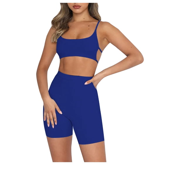 Women's Workout Set 2 Piece Yoga Outfits High Waist Biker Shorts Leggings Open Back Sports Bra Fitness Gym Clothes Blue, M