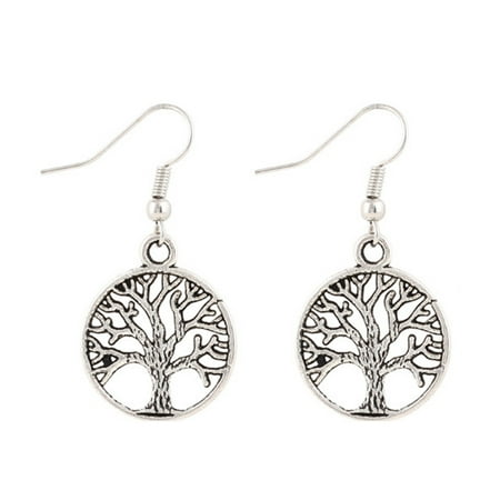 Round Pierced Earrings - Fashion Retro Punk Style Pierced Peace Tree Round Pendant Earrings Women Personality Jewelry