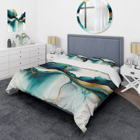 Designart "Teal and Gold Abstract Expressionism I" Modern Bedding Covert Set - Abstract Liquid Ink Turquoise Abstract Bed Set With 2 Shams