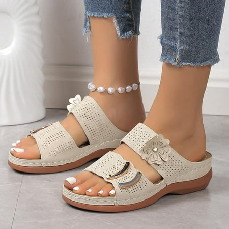 

Summer Peep Toe Flat Shoes Comfy Flip Flops Breathable Open Toe Women Platform Sandals Ladies Flip Flops Bunion Corrector Beach Shoes Sandals Arch Support Athletic Soft Footbed Low Wedge Slippers