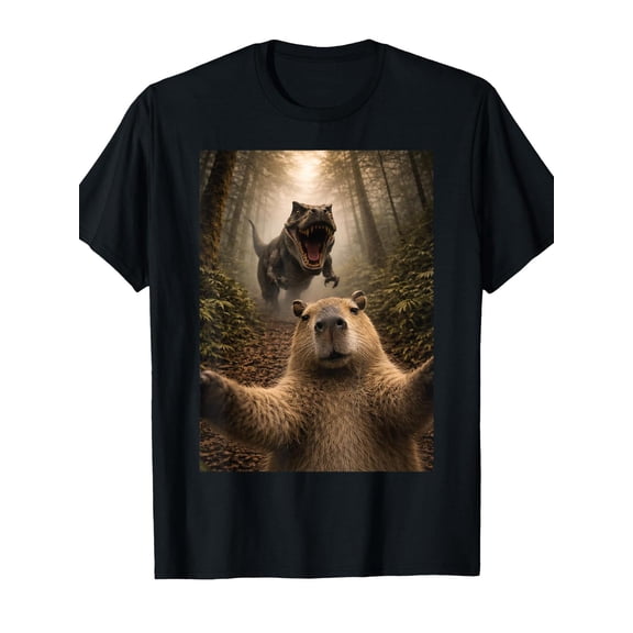 Funny Capybara Selfie with T-Rex Dinosaur Capybara Lover TShirt Humorous Crew Neck Tee with Stylish Print Casual Travel Clothing