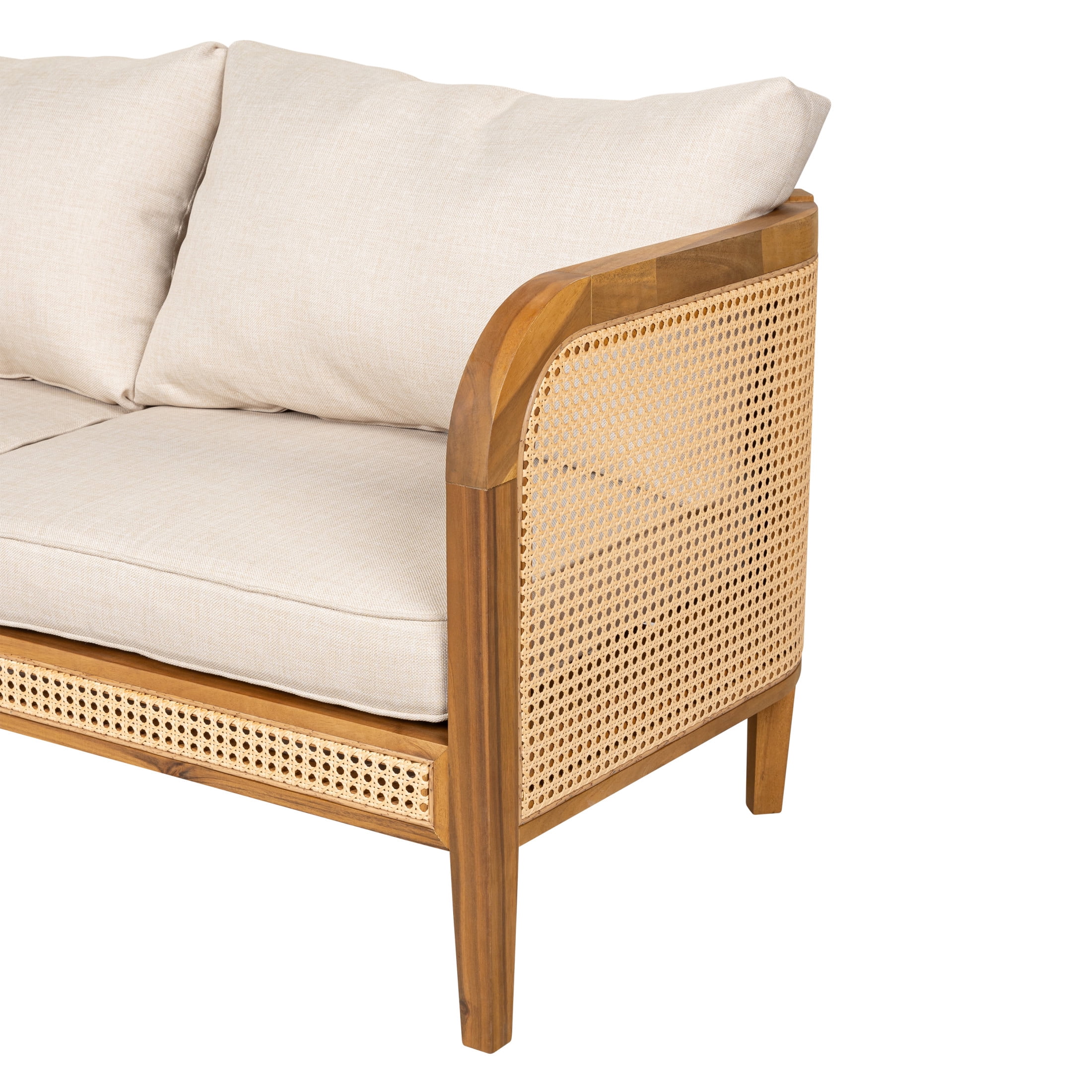 Christopher Knight Home Outdoor Wicker Sofa, Acacia Wood Frame with Cushions, Boho Patio Loveseat, Teak + Beige