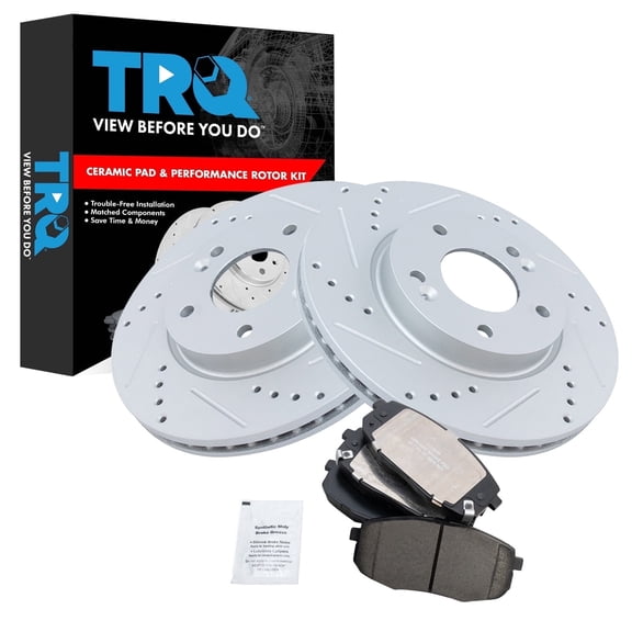 TRQ Front Brake Pad and Rotor Set Ceramic Coated Drilled Slotted Rotors Fits 2018-2020 Hyundai Kona 2019 Kia Forte