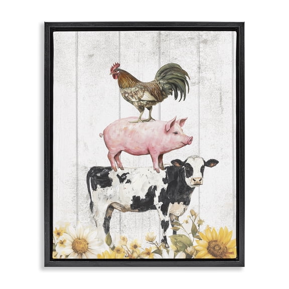 Stupell Industries Cottage Farm Animal Stack and Sunflowers Black Floating Frame Canvas Art, 17 x 21, by Christine Simpson Art
