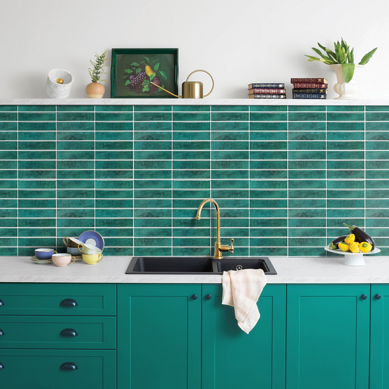 Peel and Stick Green Finger Mosaic Tile Vinyl Backsplash  12 x 12inch (10 tiles/set)
