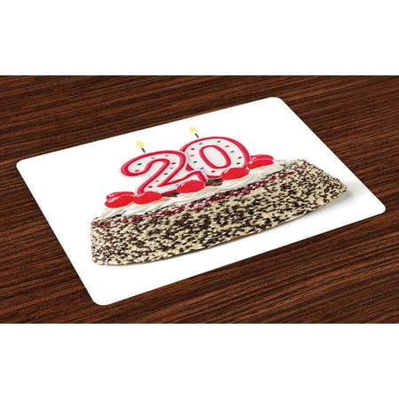 Birthday Cake Fabric - 20th Birthday Placemats Set of 4 Sweet Cherries and Sprinkles on a Birthday Party Cake 20 and Young Photo, Washable Fabric Place Mats for Dining Room Kitchen Table Decor,Multicolor, by Ambesonne