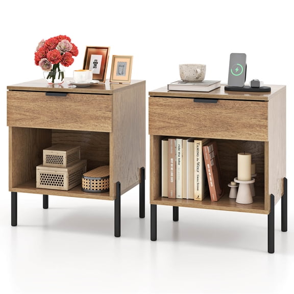 Costway 2PCS Nightstand with Charging Station Drawer Compartment Modern Side End Table