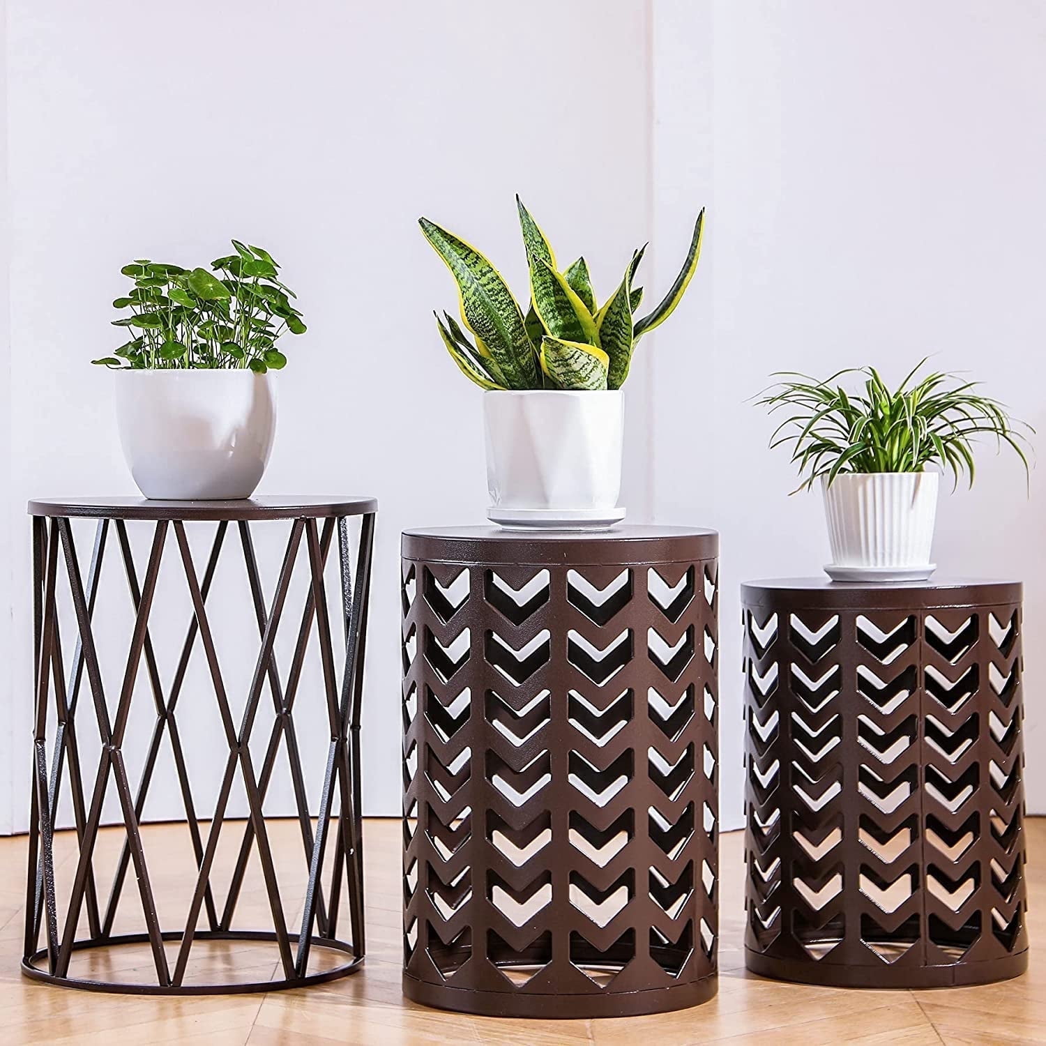 Y&M Set of 3 Round Heavy-Duty Side Table End Table, Coffee Table for Indoor Multifunctional Use, Outdoor Garden Stool Plant Stand-Pure Brown