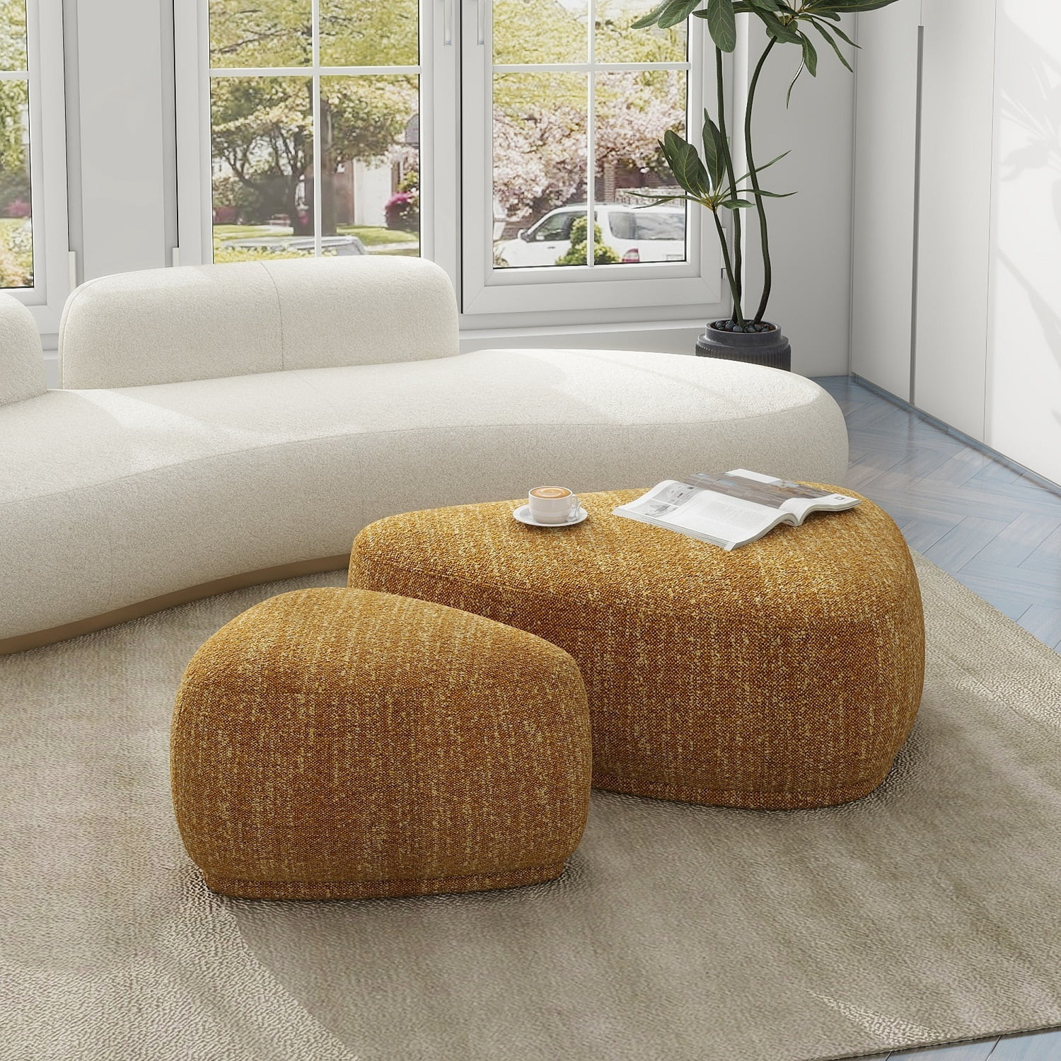 Jennifer Taylor Home Pebble 44" & 26" Rounded Triangle Cocktail Ottoman Set, Mustard Yellow Tweed