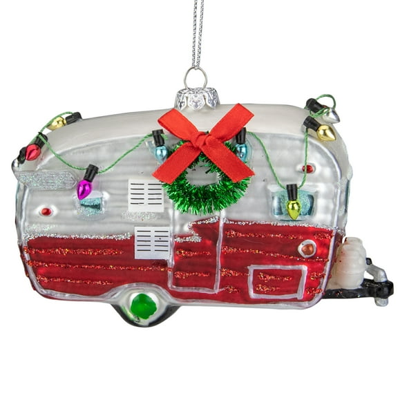 Northlight Vintage Camper Glass Christmas Ornament - 5" - Red and Silver