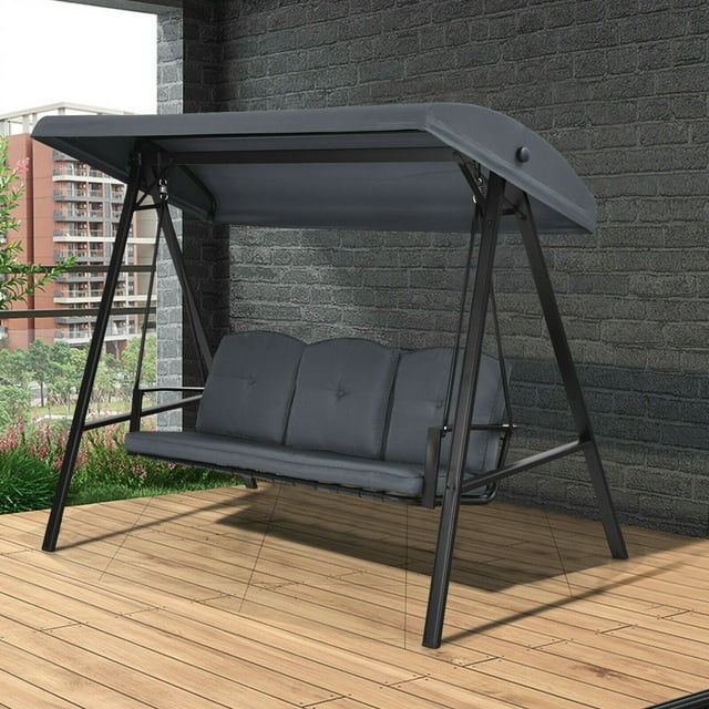 Gymax Balançoire de Porche pour 3 Personnes, Chaise Balançoire d'Extérieur Rembourrée avec Auvent Réglable
