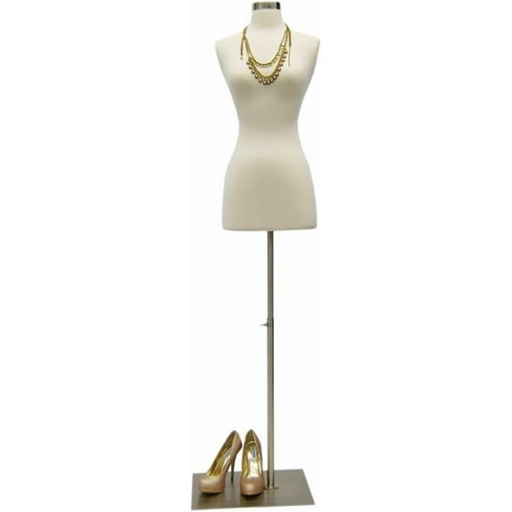 (JF-F2/4W BS-05) Size 2-4 White Female Fully Pinnable Mannequin Dress Form Rectangle Brushed Metal Base with Neck Top