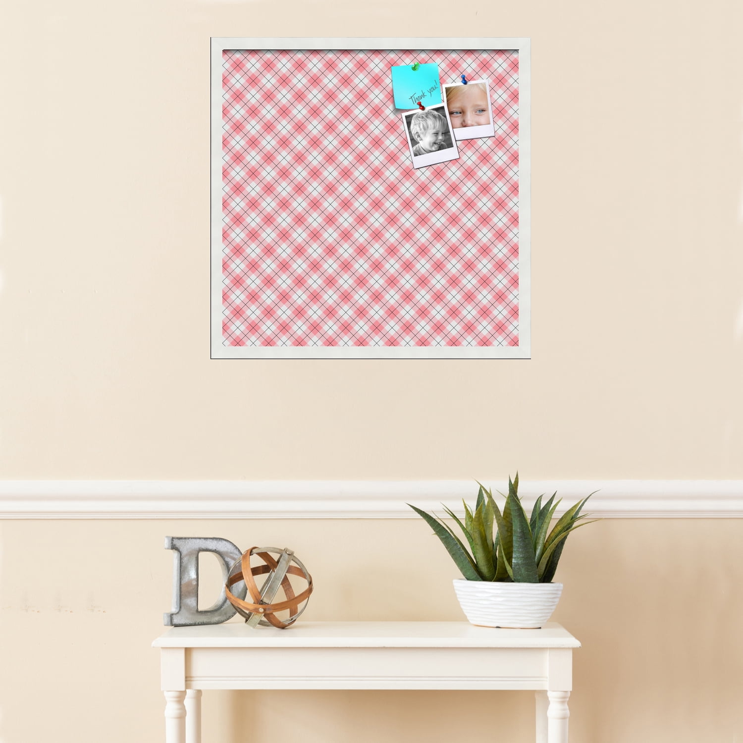 PinPix ArtToFrames 22x22 Custom Cork Bulletin Board Argyle Light Pink   Poster Board Has a Fabric Style Canvas Finish, Framed in Satin White Frame (PinPix-649)