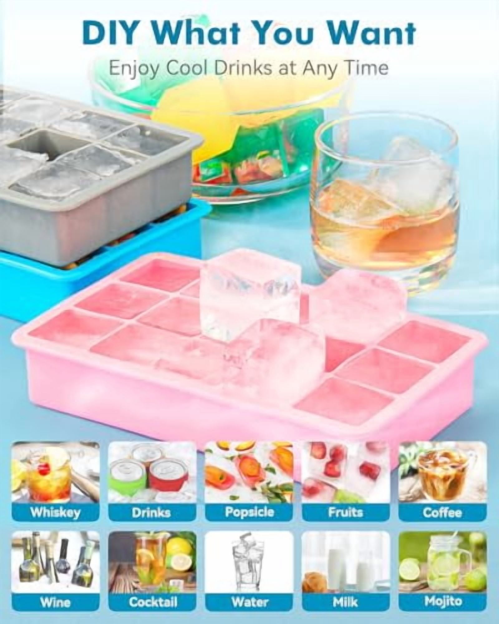 2 Pack Silicone Ice Cube Trays with Easy Release, Flexible Freezer Molds for 15 Cubes, Reusable BPA-Free for Cocktails and Whiskey